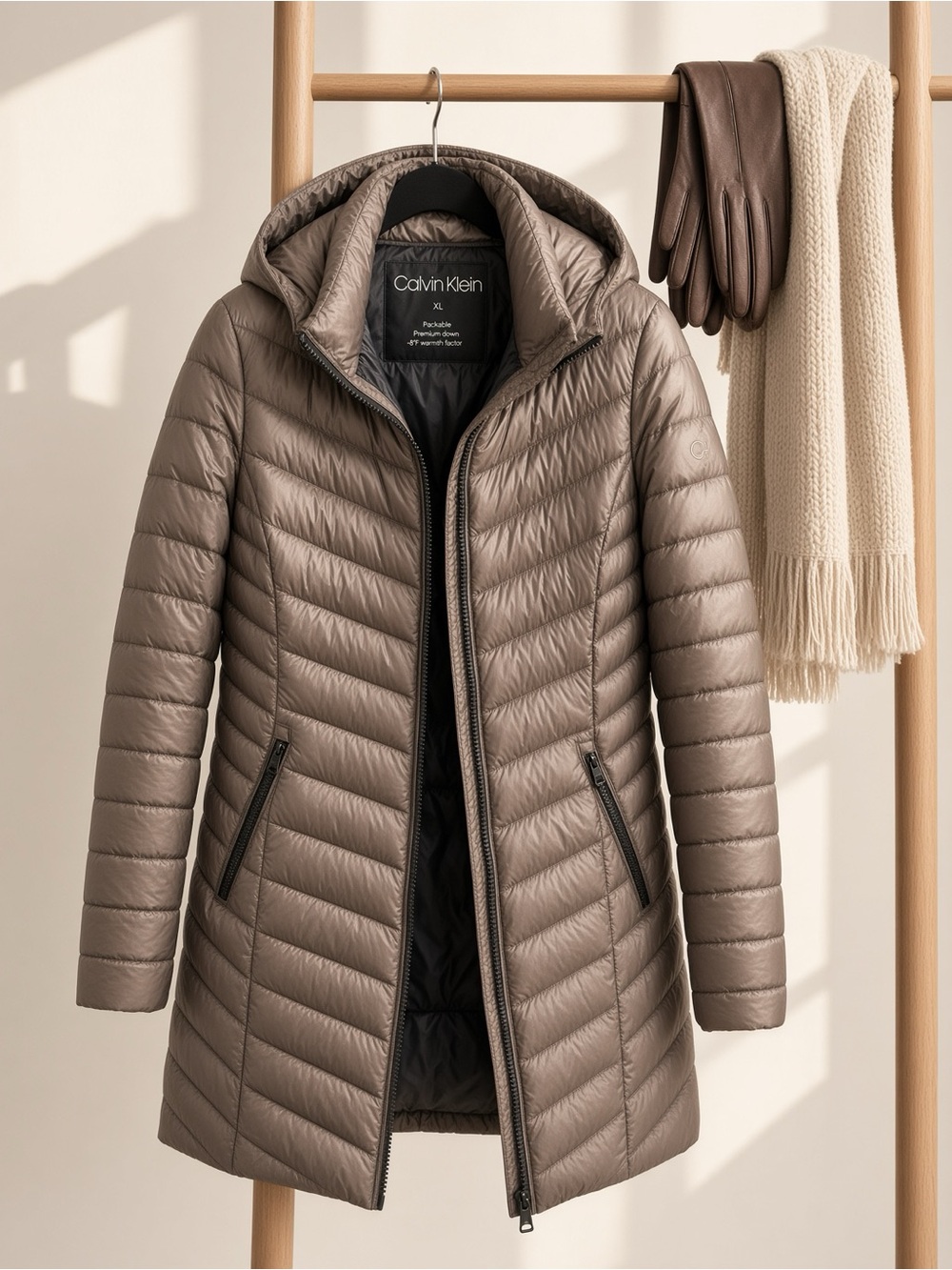 Calvin Klein Quilted Hooded Packable Puffer Coat in Taupe